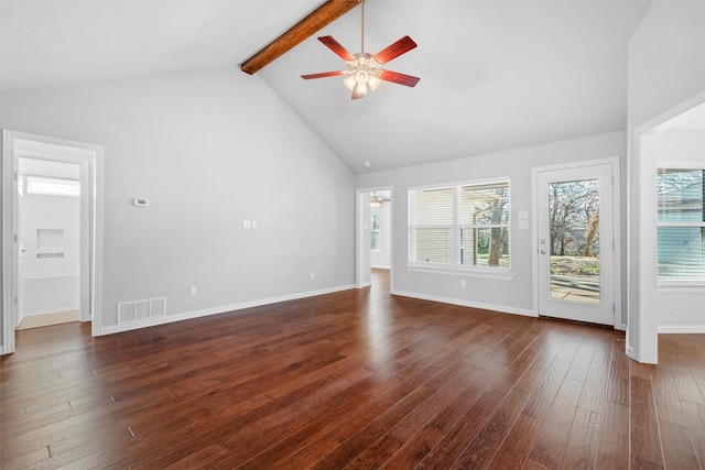 unfurnished living room with ceiling fan, beam ceiling, dark hardwood / wood-style floors, and high vaulted ceiling