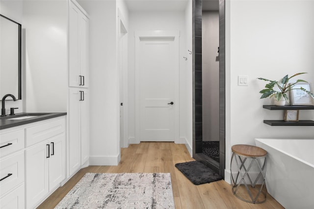 bathroom with plus walk in shower, vanity, and hardwood / wood-style flooring