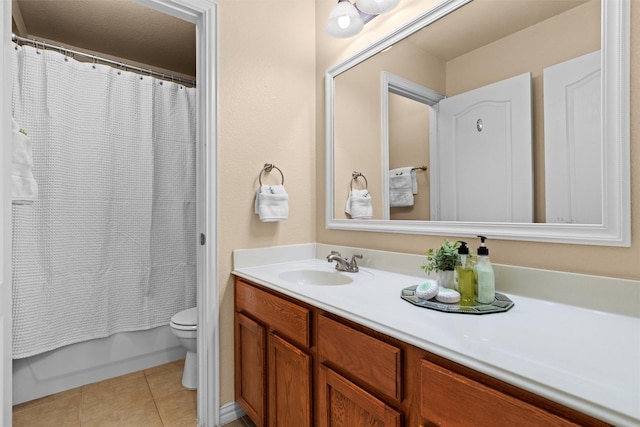 full bathroom with tile patterned flooring, vanity, toilet, and shower / tub combo