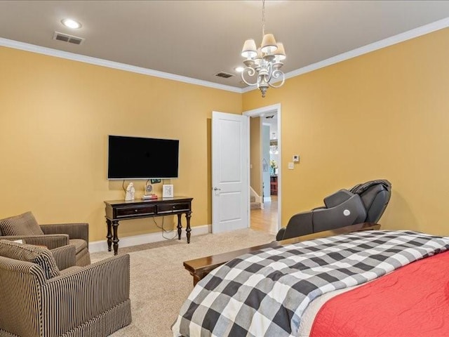 bedroom with carpet flooring, a chandelier, and ornamental molding