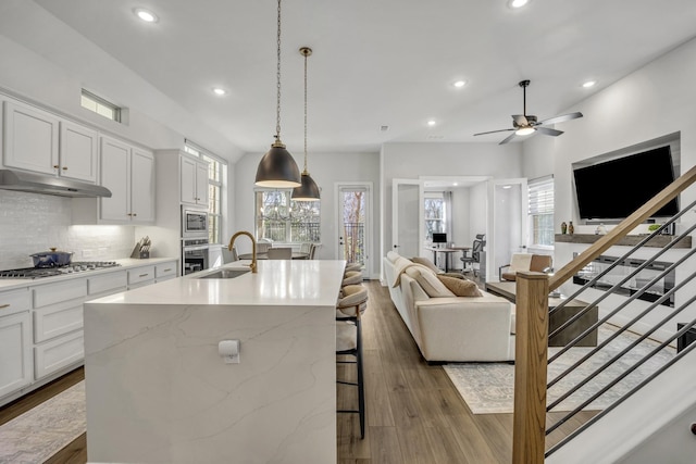 kitchen featuring white cabinets, appliances with stainless steel finishes, wood-type flooring, and sink