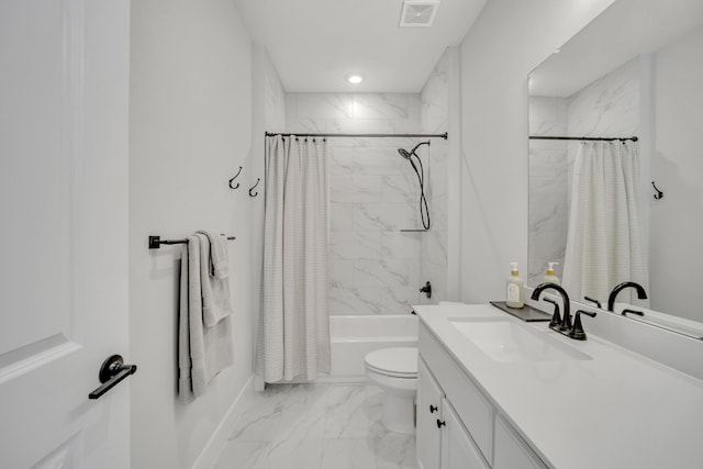 full bathroom with toilet, vanity, and shower / bath combination with curtain