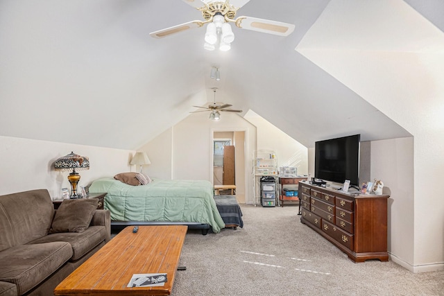 carpeted bedroom with lofted ceiling and ceiling fan