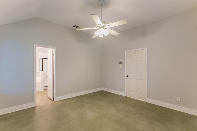 spare room with ceiling fan and high vaulted ceiling