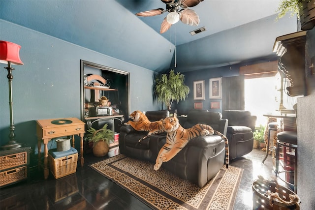 living room with ceiling fan and vaulted ceiling