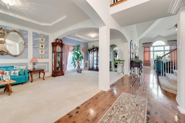 entryway with carpet, ceiling fan, and a raised ceiling