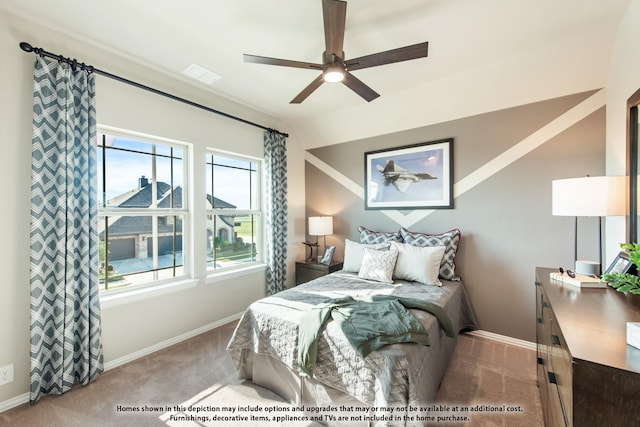 bedroom with ceiling fan, light colored carpet, and lofted ceiling