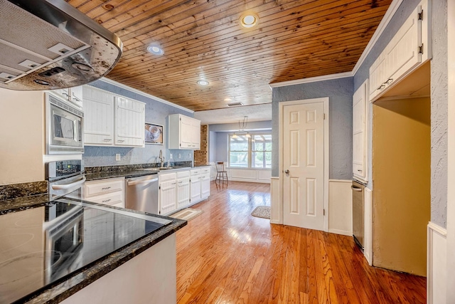 kitchen featuring wood ceiling, stainless steel appliances, crown molding, white cabinets, and light hardwood / wood-style floors