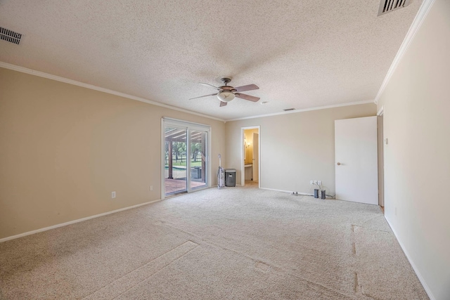 unfurnished living room with light carpet, a textured ceiling, ceiling fan, and ornamental molding