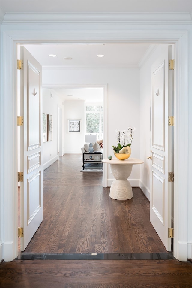 corridor with dark hardwood / wood-style floors and ornamental molding