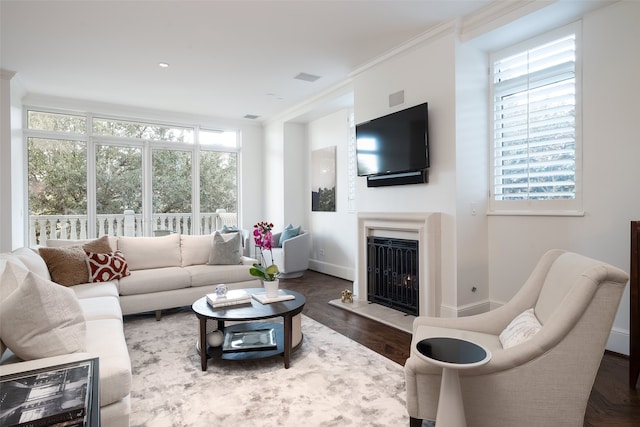 living room with crown molding and wood-type flooring