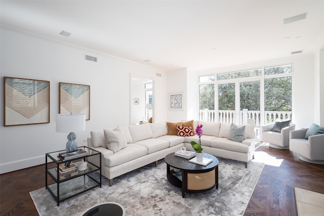 living room featuring dark parquet flooring and crown molding