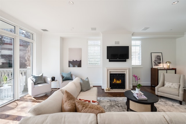 living room with wood-type flooring and ornamental molding