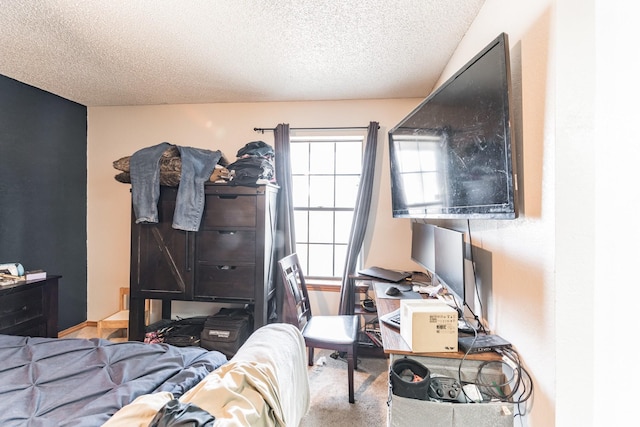 carpeted bedroom with a textured ceiling