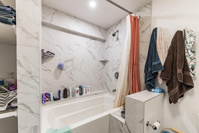 bathroom with shower / bathtub combination with curtain