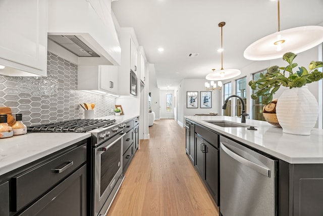 kitchen with appliances with stainless steel finishes, white cabinetry, tasteful backsplash, sink, and hanging light fixtures