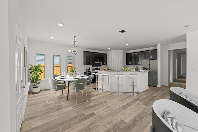 kitchen featuring a breakfast bar, backsplash, a center island with sink, light hardwood / wood-style floors, and stainless steel appliances