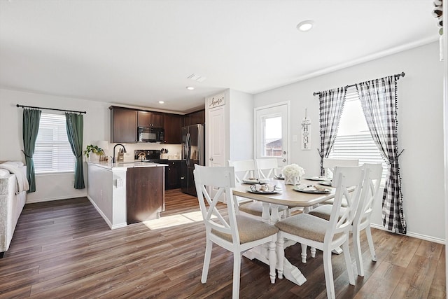 dining room featuring dark wood-type flooring and sink