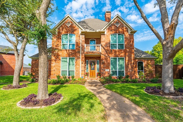 view of front of home with a balcony and a front lawn