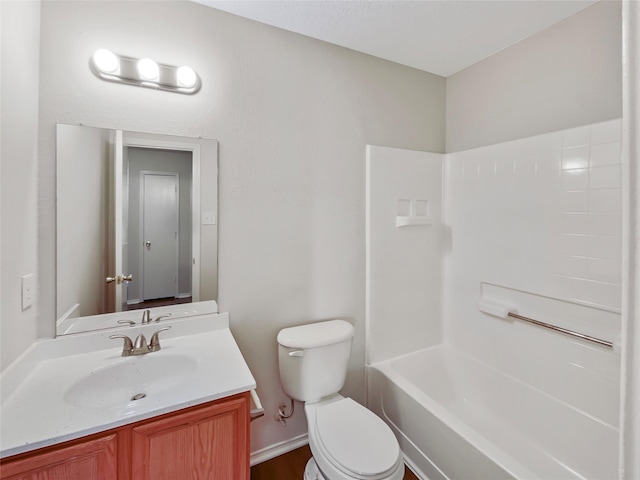 full bathroom with shower / tub combination, vanity, toilet, and hardwood / wood-style floors