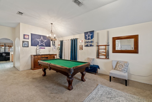 playroom with a notable chandelier, lofted ceiling, light carpet, and billiards