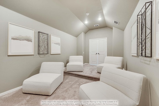 living area with light colored carpet, lofted ceiling, and a textured ceiling