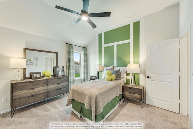 carpeted bedroom featuring ceiling fan and lofted ceiling