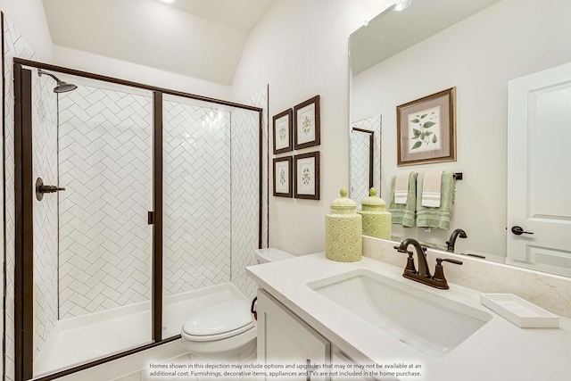 bathroom with vanity, an enclosed shower, and toilet