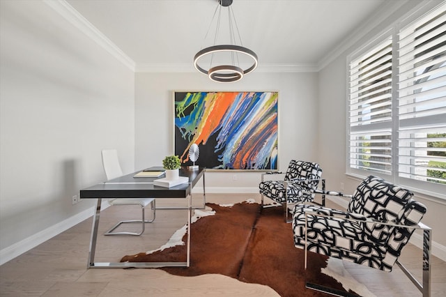 office space with hardwood / wood-style floors and crown molding