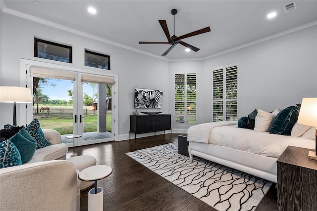 bedroom with access to outside, crown molding, ceiling fan, and dark wood-type flooring