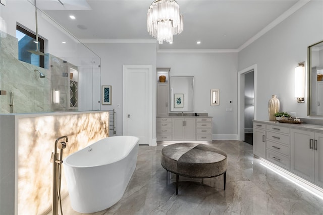 bathroom featuring plus walk in shower, vanity, an inviting chandelier, and crown molding