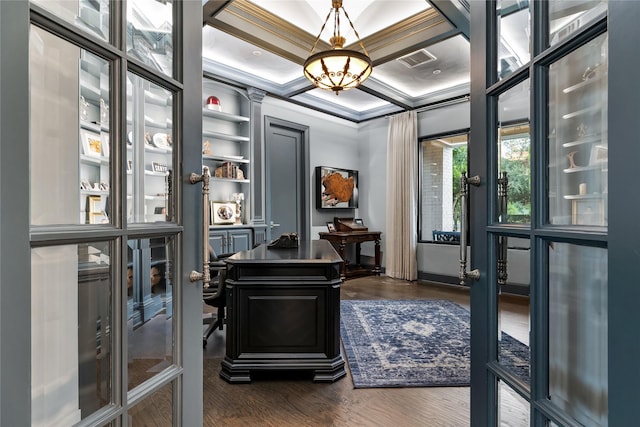 office with french doors, dark hardwood / wood-style flooring, an inviting chandelier, and crown molding