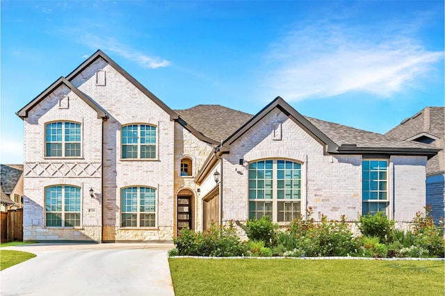 french country style house with brick siding, stone siding, concrete driveway, and a front lawn