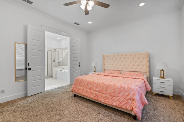 bedroom with light carpet, ensuite bathroom, ceiling fan, and ornamental molding