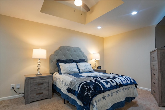 carpeted bedroom featuring a raised ceiling