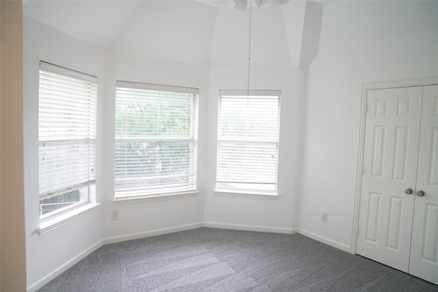 carpeted empty room featuring a healthy amount of sunlight and lofted ceiling