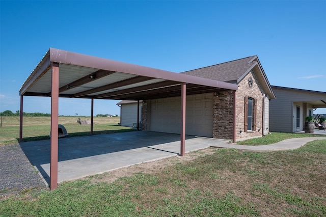 view of property exterior featuring a garage, a carport, and a lawn