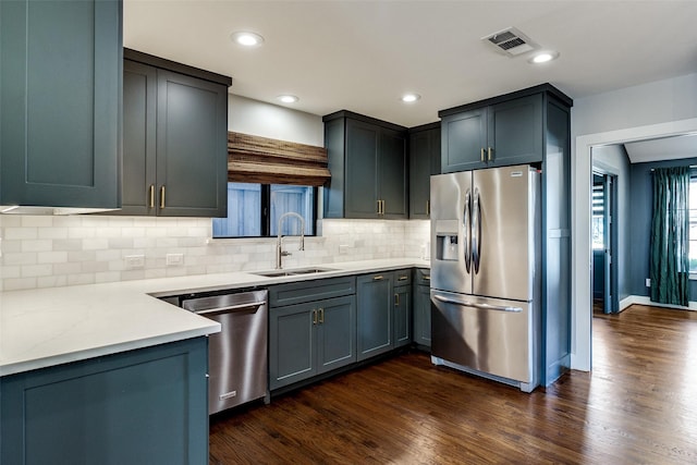 kitchen with backsplash, sink, stainless steel appliances, and dark wood-type flooring