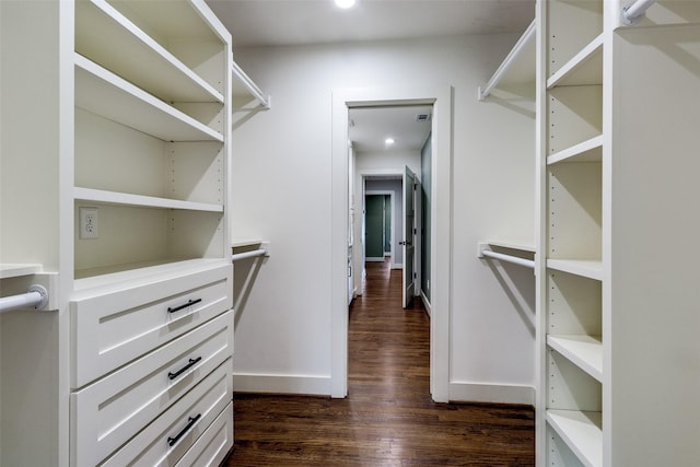 spacious closet with dark wood-type flooring