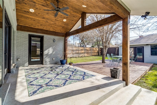 view of patio / terrace featuring ceiling fan and a deck