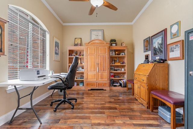 office space with ceiling fan, ornamental molding, and dark hardwood / wood-style flooring