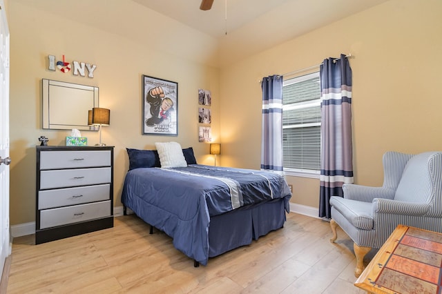 bedroom featuring ceiling fan and light wood-type flooring