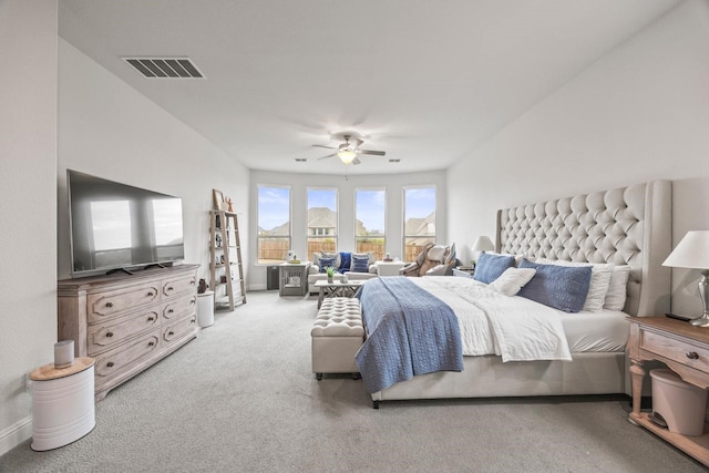 bedroom with visible vents, baseboards, a ceiling fan, access to outside, and carpet