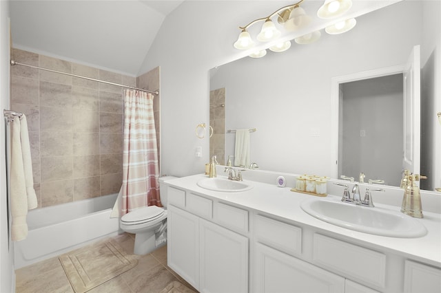 full bath featuring toilet, shower / tub combo, tile patterned flooring, and a sink