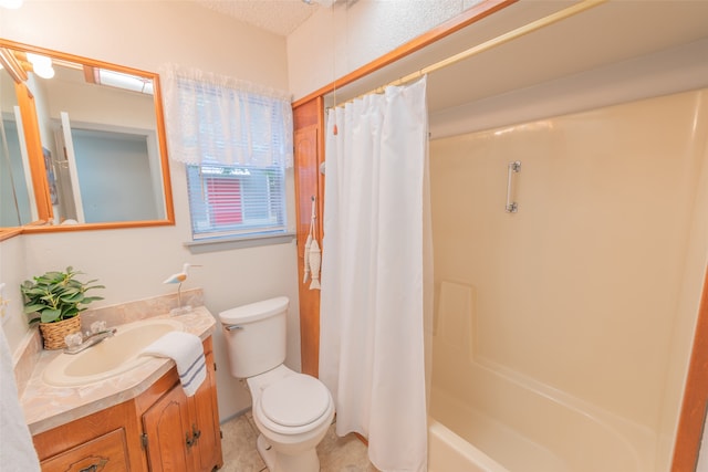 full bathroom with shower / bath combo, vanity, toilet, and tile patterned floors