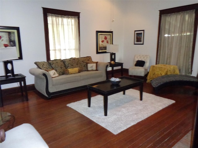 living room with dark hardwood / wood-style floors