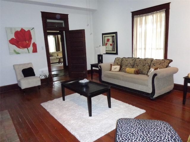 living room featuring dark wood-type flooring