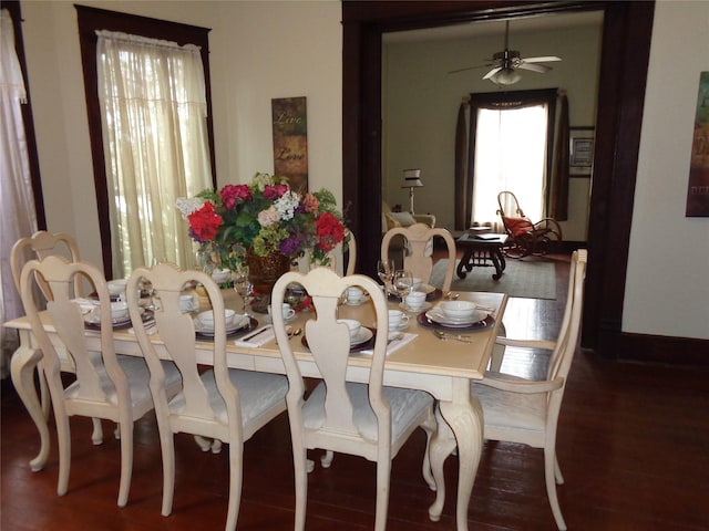 dining space with ceiling fan and dark hardwood / wood-style flooring