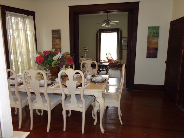 dining area with ceiling fan and dark wood-type flooring