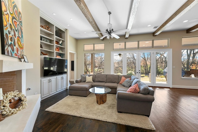 living room featuring french doors, beam ceiling, ceiling fan, and dark hardwood / wood-style flooring